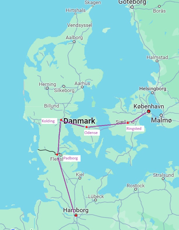 Landkaart met de route Hamburg - Padborg - Kolding - Odense - Ringsted - Kopenhagen gemarkeerd.